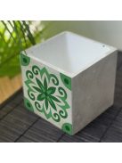 Zöld Csempemintás Beton kaspó - kocka, 2 oldalán mintázott, fehér belsővel