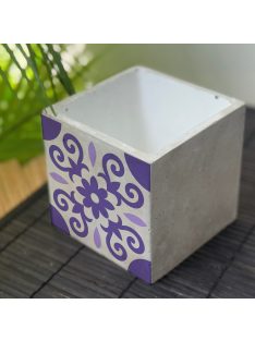 Lila Csempemintás Beton kaspó - kocka, fehér belsővel