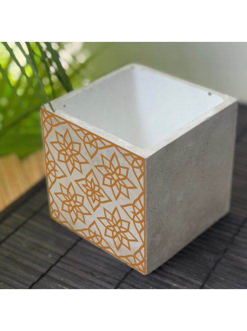 Közel-keleti csempemintás Beton kaspó 2 - kocka, fehér belsővel