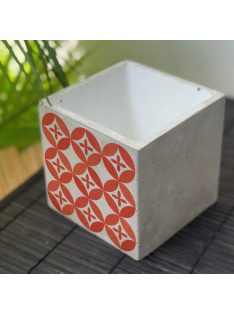   Piros Csempemintás Beton Kaspó - kocka, 2 oldalán mintázott, fehér belsővel