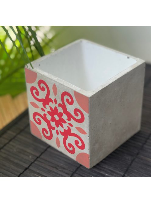 Piros Csempemintás Beton Kaspó - kocka, 2 oldalán mintázott, fehér belsővel