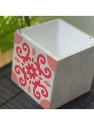 Piros Csempemintás Beton Kaspó - kocka, 2 oldalán mintázott, fehér belsővel