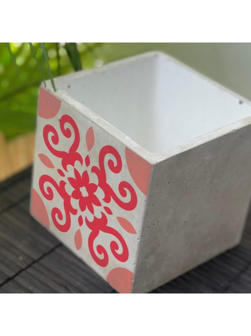 Piros Csempemintás Beton Kaspó - kocka, 2 oldalán mintázott, fehér belsővel