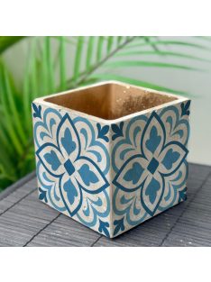   Kék Csempemintás Beton Kaspó - kocka, 4 oldalán mintázott, aranyozott belsővel