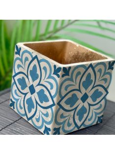   Kék Csempemintás Beton Kaspó - kocka, 4 oldalán mintázott, aranyozott belsővel