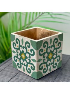   Zöld Csempemintás Beton Kaspó - kocka, 4 oldalán mintázott, aranyozott belsővel