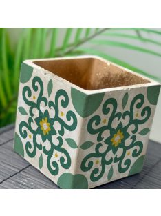   Zöld Csempemintás Beton Kaspó - kocka, 4 oldalán mintázott, aranyozott belsővel