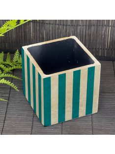   Kék retro csíkos kaspó - kocka, 4 oldalán mintázott, fekete belsővel