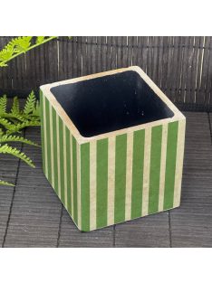  Zöld retro csíkos kaspó - kocka, 4 oldalán mintázott, fekete belsővel