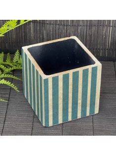   Kék retro csíkos kaspó v2 - kocka, 4 oldalán mintázott, fekete belsővel