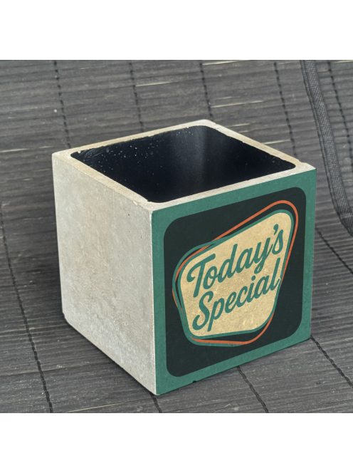 "Today's Special" kaspó - kocka, 2 oldalán mintázott beton tároló/ evőeszköztartó, fekete belsővel