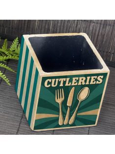   "Cutleries" kaspó - kocka, 4 oldalán mintázott beton tároló/ evőeszköztartó, fekete belsővel