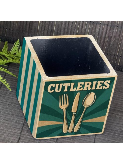 "Cutleries" kaspó - kocka, 4 oldalán mintázott beton tároló/ evőeszköztartó, fekete belsővel