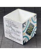 Idézetes, kék csempemintás kaspó - kocka, fehér belsővel v2 - Zsoltárok 27:1