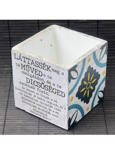   Idézetes, kék csempemintás kaspó - kocka, fehér belsővel v3 - Zsoltárok 90:16-17