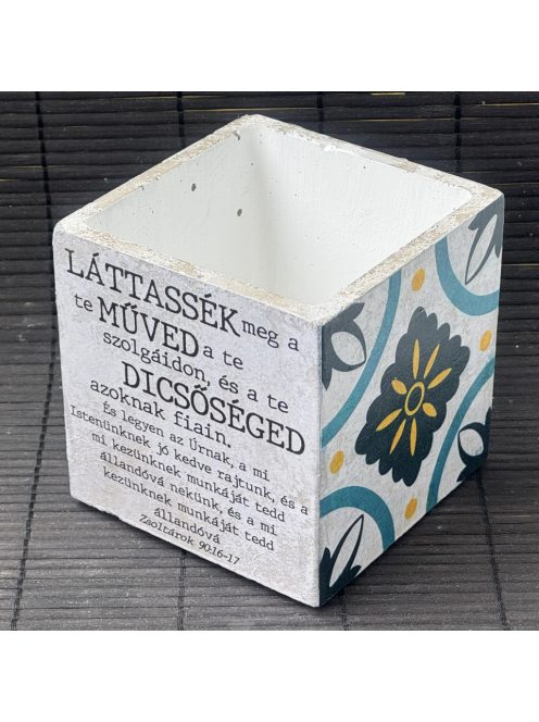 Idézetes, kék csempemintás kaspó - kocka, fehér belsővel v3 - Zsoltárok 90:16-17