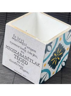   Idézetes, kék csempemintás kaspó - kocka, fehér belsővel v4 - Zsoltárok 50:15