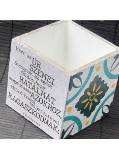   Idézetes, kék csempemintás kaspó - kocka, fehér belsővel v5 - 2 Krónika 16:9