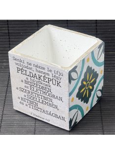   Idézetes, kék csempemintás kaspó - kocka, fehér belsővel v6 - 1 Timóteus 4:12