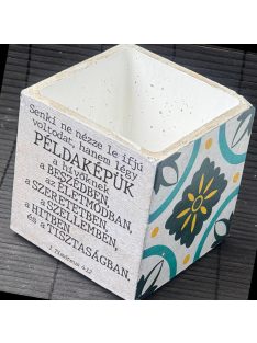   Idézetes, kék csempemintás kaspó - kocka, fehér belsővel v6 - 1 Timóteus 4:12