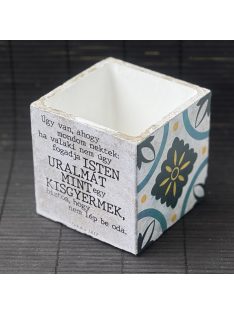   Idézetes, kék csempemintás kaspó - kocka, fehér belsővel v8 - Zsoltárok 8:3