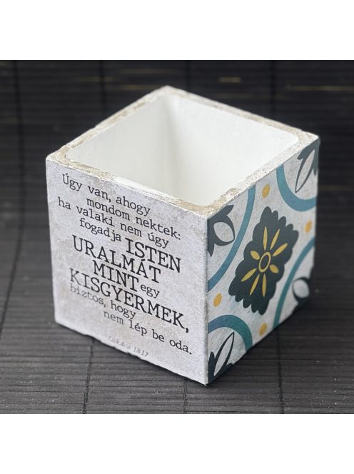 Idézetes, kék csempemintás kaspó - kocka, fehér belsővel v8 - Zsoltárok 8:3