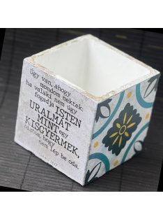   Idézetes, kék csempemintás kaspó - kocka, fehér belsővel v8 - Zsoltárok 8:3