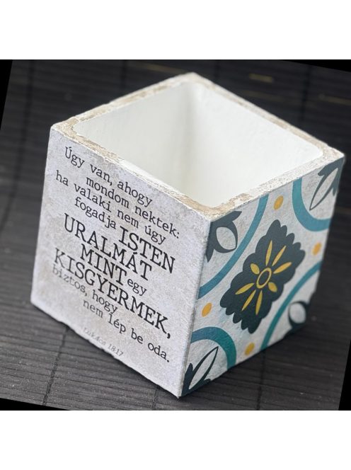 Idézetes, kék csempemintás kaspó - kocka, fehér belsővel v8 - Zsoltárok 8:3