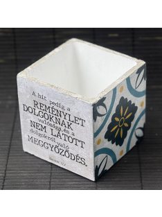   Idézetes, kék csempemintás kaspó - kocka, fehér belsővel v11 - Zsidók 11:1