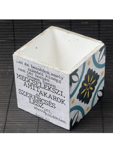   Idézetes, kék csempemintás kaspó - kocka, fehér belsővel v12 - Ézsaiás 55:11