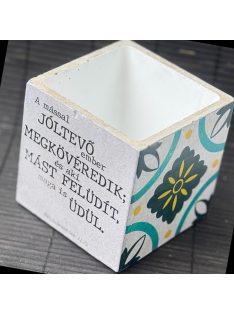   Idézetes, kék csempemintás kaspó - kocka, fehér belsővel v13 - Példabeszédek 11:25