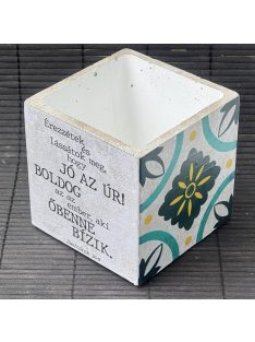   Idézetes, kék csempemintás kaspó - kocka, fehér belsővel v14 - Zsoltárok 34:9