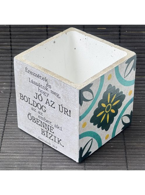 Idézetes, kék csempemintás kaspó - kocka, fehér belsővel v14 - Zsoltárok 34:9