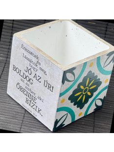   Idézetes, kék csempemintás kaspó - kocka, fehér belsővel v14 - Zsoltárok 34:9