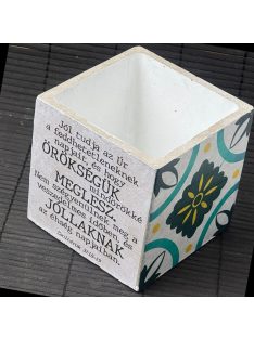   Idézetes, kék csempemintás kaspó - kocka, fehér belsővel v16 - Zsoltárok 37:18-19