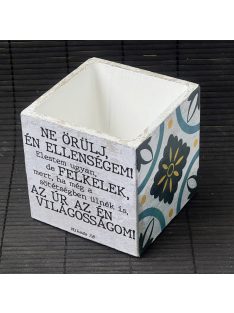   Idézetes, kék csempemintás kaspó - kocka, fehér belsővel v17 - Mikeás 7:8