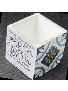   Idézetes, kék csempemintás kaspó - kocka, fehér belsővel v19 - Zsoltárok 37:25